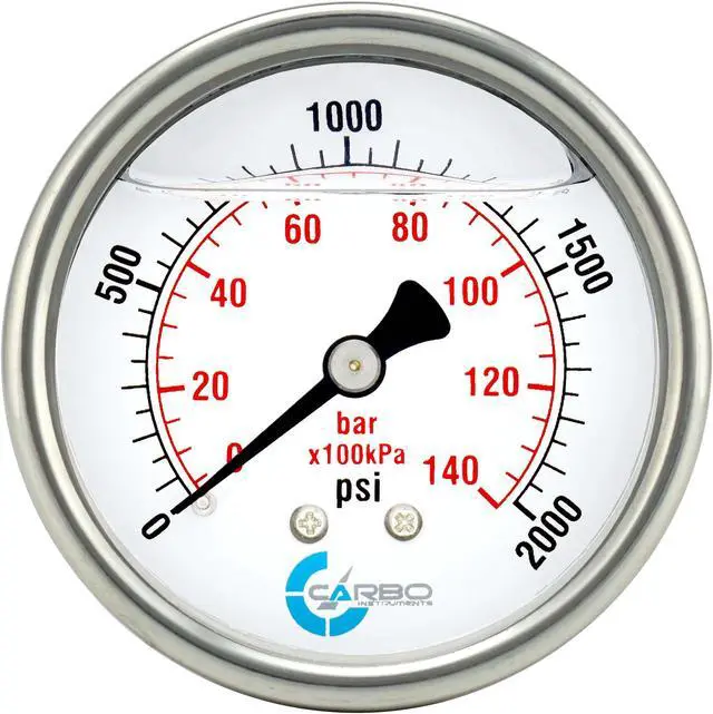 Main image of CARBO Instruments 2 1-2" Pressure Gauge, Stainless Steel Case, Chrome Plated Brass Connection, Liquid Filled, 0-2000 psi/kPa, Back Mount 1/4" NPT