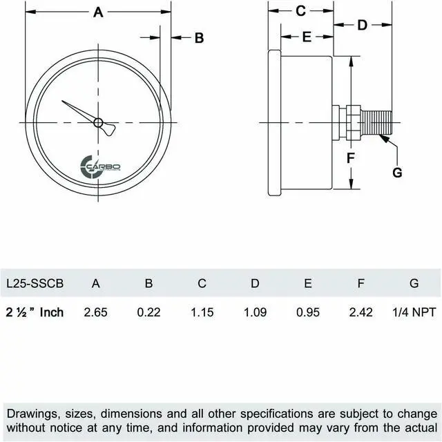 Alt view image 4 of 4 - CARBO Instruments 2 1-2" Pressure Gauge, Stainless Steel Case, Chrome Plated Brass Connection, Liquid Filled, 0-2000 psi/kPa, Back Mount 1/4" NPT