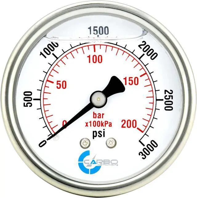 Main image of CARBO Instruments 2 1-2" Pressure Gauge, Stainless Steel Case, Chrome Plated Brass Connection, Liquid Filled, 0-3000 psi/kPa, Back Mount 1/4" NPT