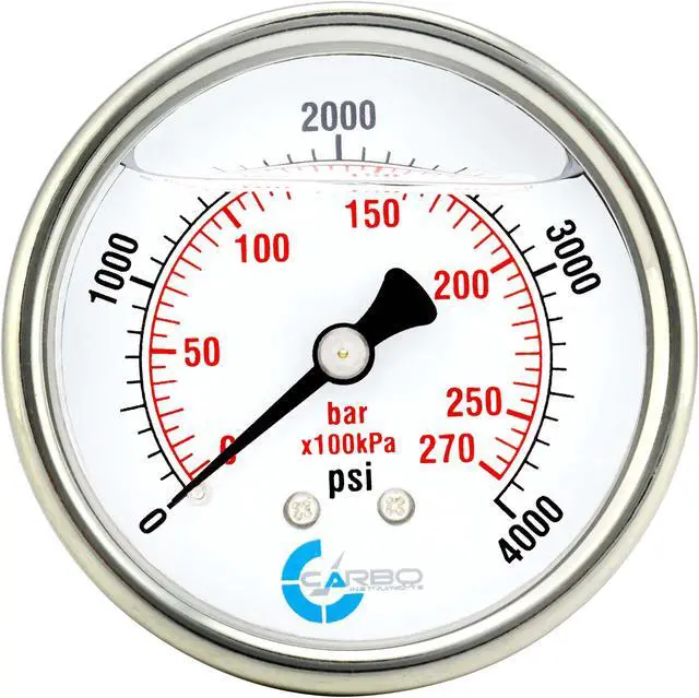 Main image of CARBO Instruments 2 1-2" Pressure Gauge, Stainless Steel Case, Chrome Plated Brass Connection, Liquid Filled, 0-4000 psi/kPa, Back Mount 1/4" NPT