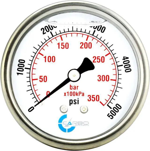Main image of CARBO Instruments 2 1-2" Pressure Gauge, Stainless Steel Case, Chrome Plated Brass Connection, Liquid Filled, 0-5000 psi/kPa, Back Mount 1/4" NPT
