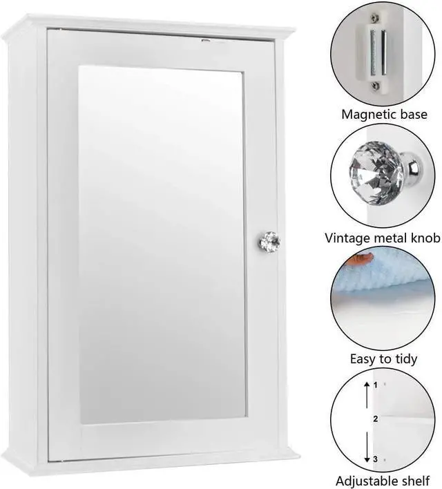 Main image of QXDRAGON Wall Mounted Bathroom Cabinet, 2-in-1 Mirror Medicine Cabinet with 3 Heights Adjustable Shelf & Single Mirror Door Storage Cabinet Over-The-Toilet Storage Organizer (White)