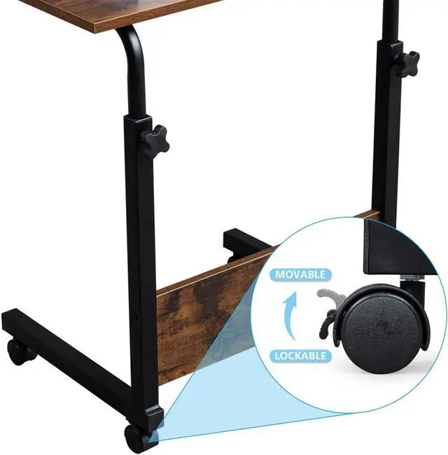 Alt view image 5 of 7 - QXDRAGON 24" Side Table Height Adjustable Computer Standing Desk with Baffle & Lockable Casters, Portable Movable Workstation Bedside Sofa Desk for Office, Living Room, Bedroom, Retro