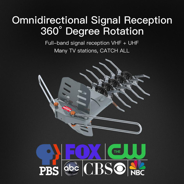 Amplified Outdoor TV Antenna – HDTV 1080P 4K 360 Degree Rotate – UHF VHF – Claims 900+ Miles Range