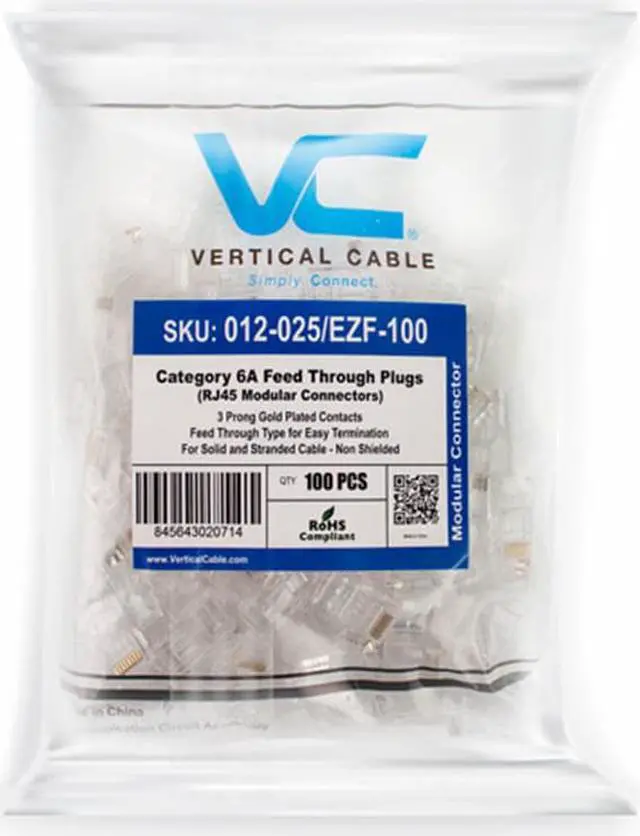 Main image of Vertical Cable Category 6A CAT6/CAT6A Feed Through Plug RJ45 Modular Connector for Solid or Stranded Cable - Unshielded - 100 Pack