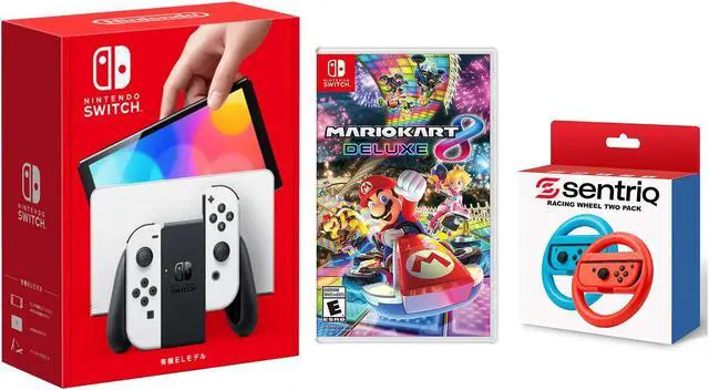 Main image of Nintendo Switch OLED White Edition + Mario Kart 8 Deluxe + Sentriq Racing Wheel Two Pack Joy Con Attachments - Japan Import with US Plug