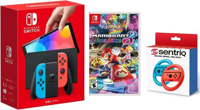 Main image of Nintendo Switch OLED Neon Red/Blue Edition + Mario Kart 8 Deluxe + Sentriq Racing Wheel Two Pack Joy Con Attachments - Japan Import with US Plug