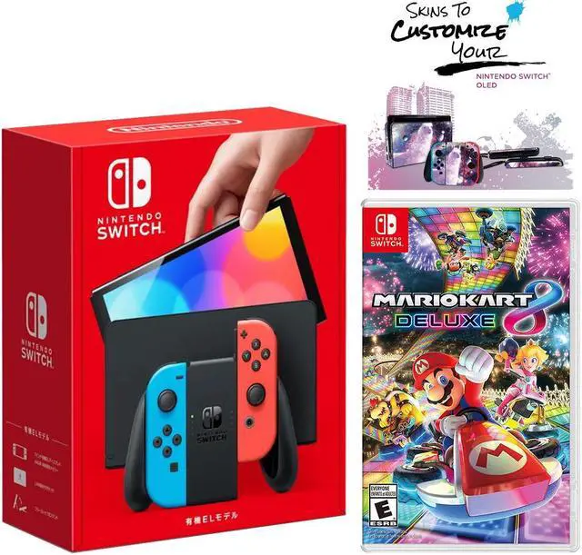 Main image of Nintendo Switch OLED Neon Red & Blue Edition + Mario Kart 8 Deluxe Game + MightySkins Custom Console and Controller Skin Voucher - Japan Import with US Plug