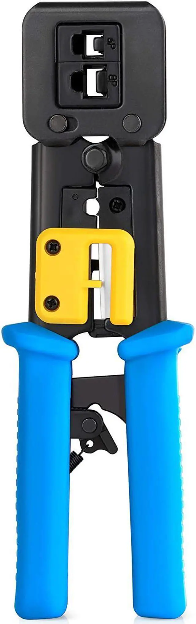 Main image of Vertical Cable RJ45 / RJ11 Professional Termination Ratcheting Crimping Tool and Trimmer for Feed Through Connectors with Built in Wire Stripper and Cutter