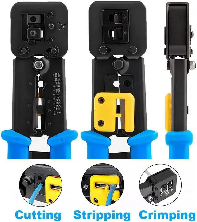 Alt view image 2 of 4 - Vertical Cable RJ45 / RJ11 Professional Termination Ratcheting Crimping Tool and Trimmer for Feed Through Connectors with Built in Wire Stripper and Cutter