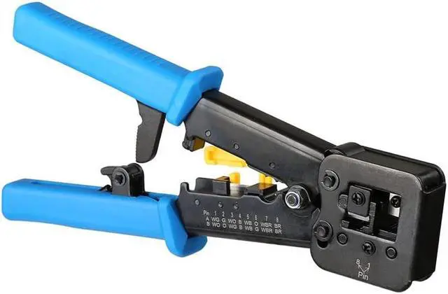 Alt view image 3 of 4 - Vertical Cable RJ45 / RJ11 Professional Termination Ratcheting Crimping Tool and Trimmer for Feed Through Connectors with Built in Wire Stripper and Cutter