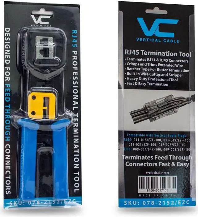 Alt view image 4 of 4 - Vertical Cable RJ45 / RJ11 Professional Termination Ratcheting Crimping Tool and Trimmer for Feed Through Connectors with Built in Wire Stripper and Cutter