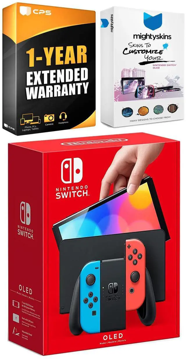 Main image of Nintendo Switch Neon Red & Blue OLED Console with MightySkins Console and Controller Skin Voucher and 1 Year CPS Extended Warranty