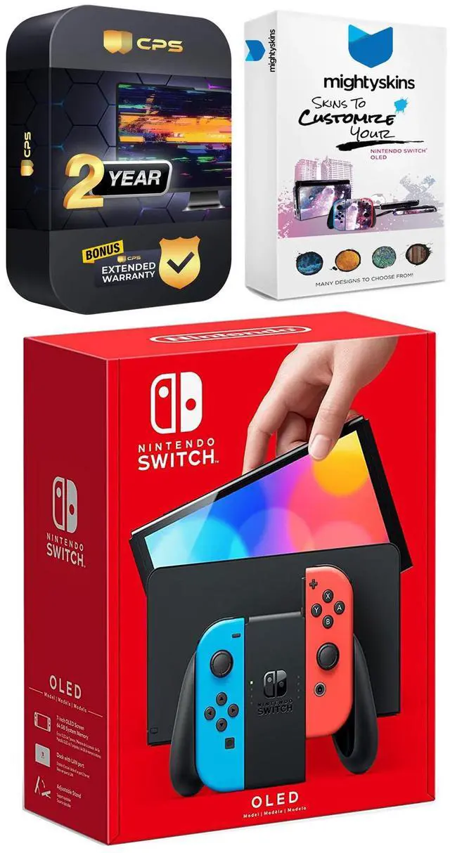 Main image of Nintendo Switch Neon Red & Blue OLED Console with MightySkins Console and Controller Skin Voucher and 2 Year CPS Extended Warranty