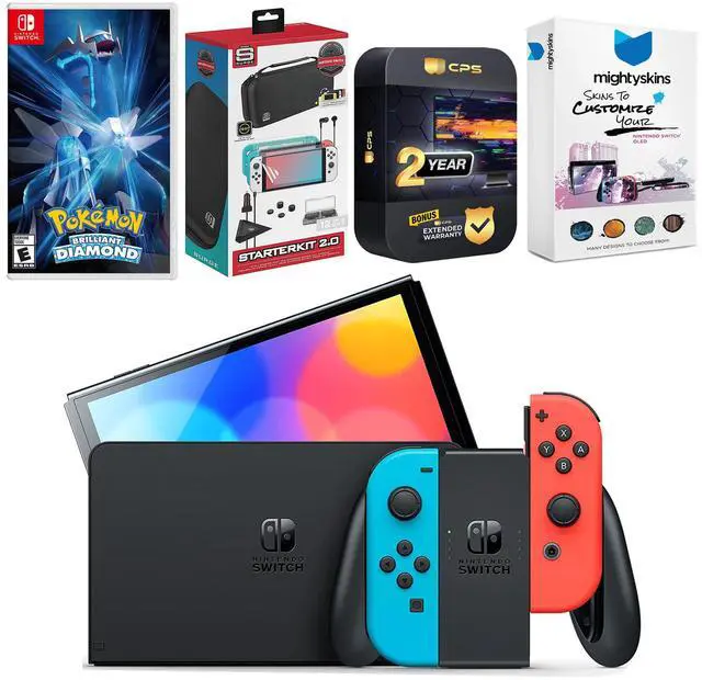 Main image of Nintendo Switch Neon Red & Blue OLED Console with Pokemon Brilliant Diamond Edition, Surge Accessory Gaming Kit, MightySkins Console and Controller Skin Voucher, and 2 Year CPS Extended Warranty