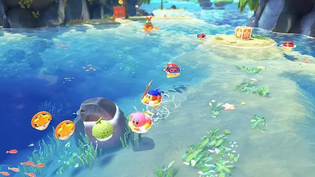 Alt view image 5 of 7 - Nintendo Switch Neon Red & Blue OLED Console with Kirby and the Forgotten Land, MightySkins Console and Controller Skin Voucher, and 1 Year CPS Extended Warranty