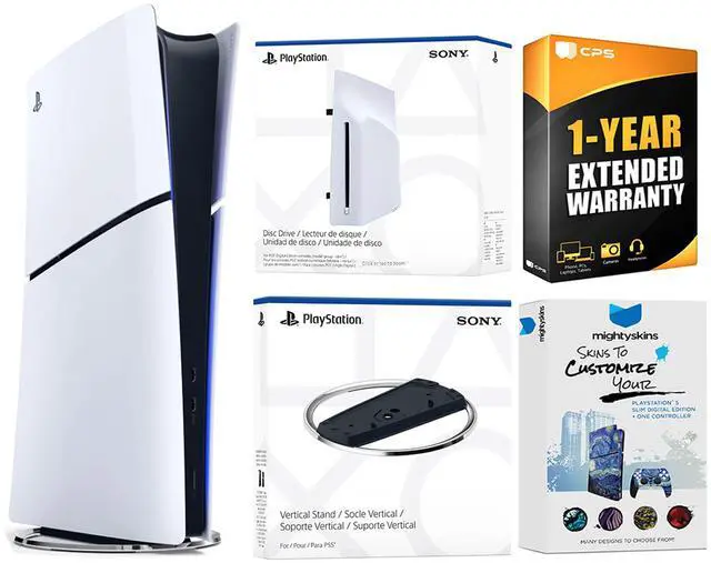 Main image of Sony PlayStation 5 Slim Digital Bundle with Disc Drive, Vertical Stand, MightySkins Voucher, and 1 Year Extended Warranty