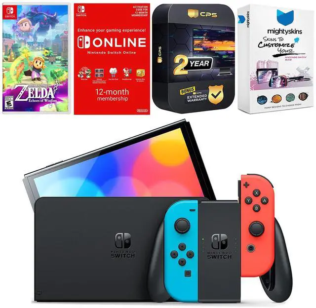 Main image of Nintendo Switch Neon OLED with Zelda Echoes Of Wisdom, Online Membership, MightySkins Voucher and 2 Year CPS Extended Warranty