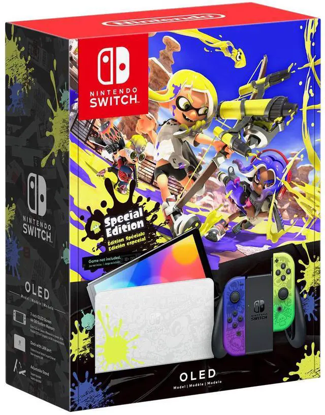 Alt view image 2 of 7 - Nintendo Switch OLED Console Splatoon 3 Special Edition with Rabbids: Party of Legends, MightySkins Console and Controller Skin Voucher and 1 Year CPS Extended Warranty