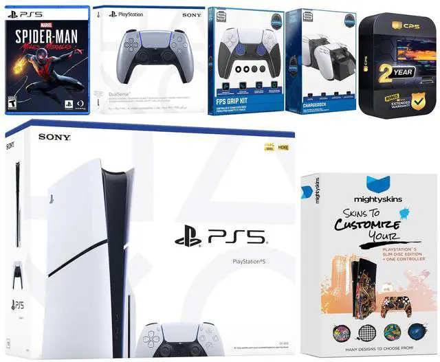 Main image of Sony Playstation 5 Slim Disc with Spider-Man: Miles Morales, Extra Sterling Silver Controller, FPS Grip Kit, Charge Dock and MightySkins Decal Voucher + 2 Year CPS Extended Warranty