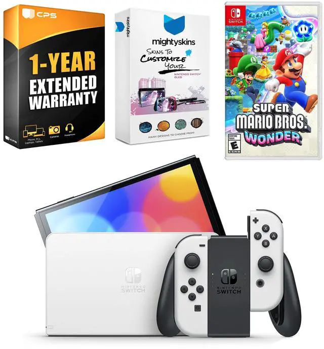 Main image of Nintendo Switch White OLED Console with Super Mario Bros. Wonder, MightySkins Console and Controller Skin Voucher, and 1 Year CPS Extended Warranty