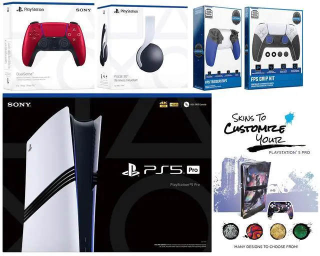 Main image of Sony Playstation 5 Pro Bundle with White Pulse Headset, Extra Volcanic Red Controller, Trigger Stop Kit, FPS Grip Kit and MightySkins Decal Voucher