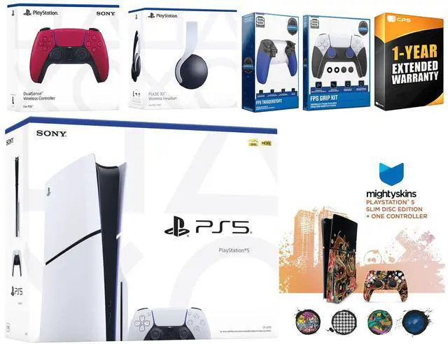 Main image of Sony Playstation 5 Slim Disc with White Pulse Headset, Extra Cosmic Red Controller, Trigger Stop Kit, FPS Grip Kit and MightySkins Decal Voucher + 1 Year CPS Extended Warranty