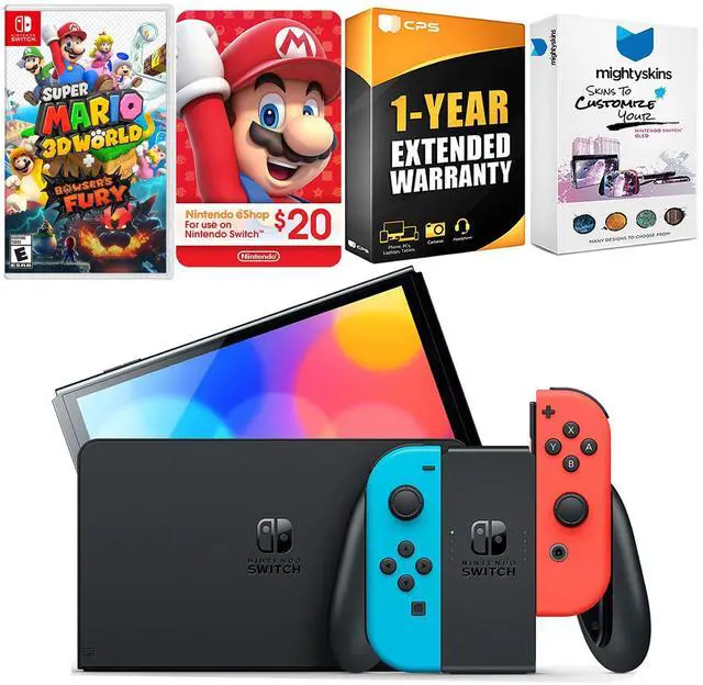Main image of Nintendo Switch Neon Red & Blue OLED Console with Super Mario 3D World + Bowsers Fury , Nintendo $20 eShop Gift Card, MightySkins Console and Controller Skin Voucher and 1 Year CPS Extended Warran