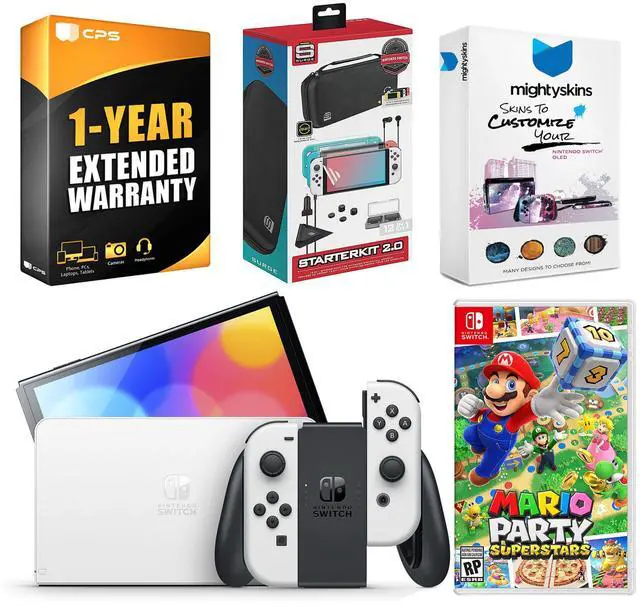 Main image of Nintendo Switch White OLED Console with Mario Party Superstars, Surge Accessory Gaming Kit, MightySkins Console and Controller Skin Voucher, and 1 Year CPS Extended Warranty
