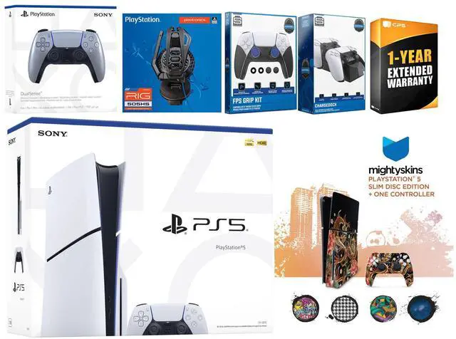 Main image of Sony Playstation 5 Slim Disc with Extra Sterling Silver Controller, Plantronics Headset, FPS Grip Kit, Charge Dock and MightySkins Decal Voucher + 1 Year CPS Extended Warranty