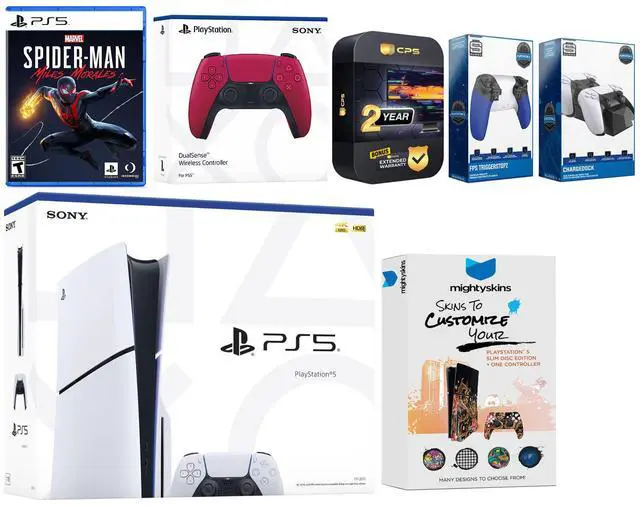 Main image of Sony Playstation 5 Slim Disc with Spider-Man: Miles Morales, Extra Cosmic Red Controller, Trigger Stop Kit, Charge Dock and MightySkins Decal Voucher + 2 Year CPS Extended Warranty