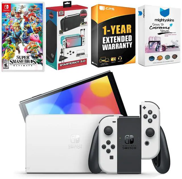 Main image of Nintendo Switch White OLED Console with Super Smash Bros. Ultimate, Surge Accessory Gaming Kit, MightySkins Console and Controller Skin Voucher, and 1 Year CPS Extended Warranty