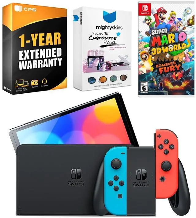 Main image of Nintendo Switch Neon Red & Blue OLED Console with Super Mario 3D World + Bowsers Fury, MightySkins Console and Controller Skin Voucher, and 1 Year CPS Extended Warranty