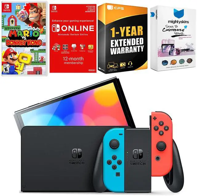 Main image of Nintendo Switch Neon Red & Blue OLED Console with Mario vs. Donkey Kong, NSO 12 Month Family Membership, MightySkins Console and Controller Skin Voucher and 1 Year CPS Extended Warranty