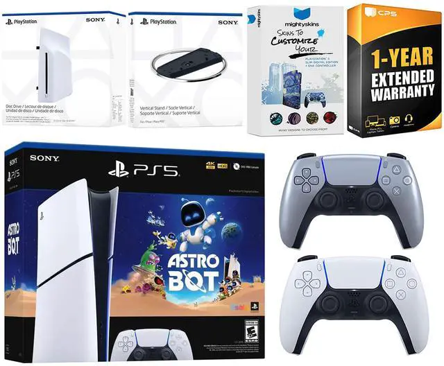 Main image of Sony PlayStation 5 Astro Bot Slim Digital Bundle with Disc Drive, Extra Controller, Vertical Stand, MightySkins Voucher and 1 Year Extended Warranty - Sterling Silver