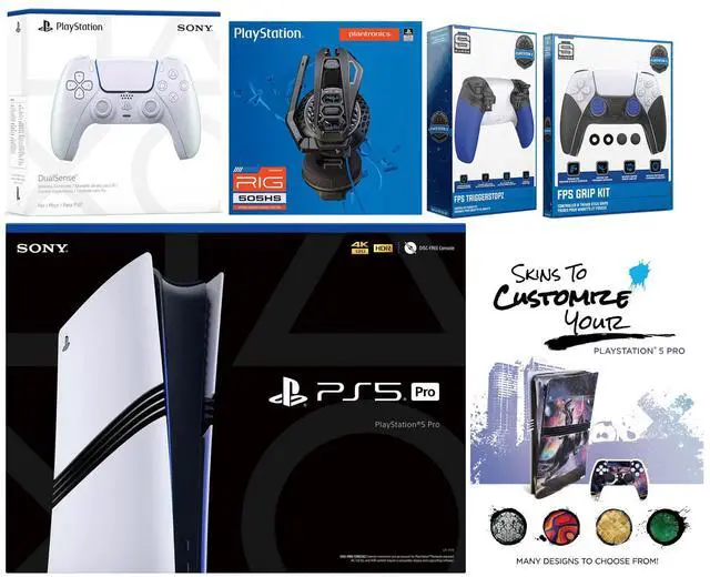 Main image of Sony Playstation 5 Pro Bundle with Extra Chroma Pearl Controller, Plantronics Headset, Trigger Stop Kit, FPS Grip Kit and MightySkins Decal Voucher