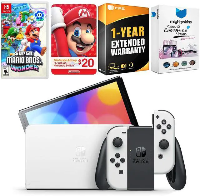 Main image of Nintendo Switch White OLED Console with Super Mario Bros. Wonder, Nintendo $20 eShop Gift Card, MightySkins Console and Controller Skin Voucher, and 1 Year CPS Extended Warranty