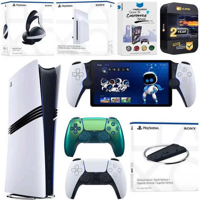 Main image of Sony PlayStation 5 Pro Digital Bundle with Disc Drive, Stand, Extra Controller, Pulse Elite Headset, PlayStation Portal, MightySkins Voucher and 2 Year Extended Warranty - Chroma Teal