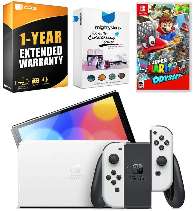 Main image of Nintendo Switch White OLED Console with Super Mario Odyssey, MightySkins Console and Controller Skin Voucher, and 1 Year CPS Extended Warranty