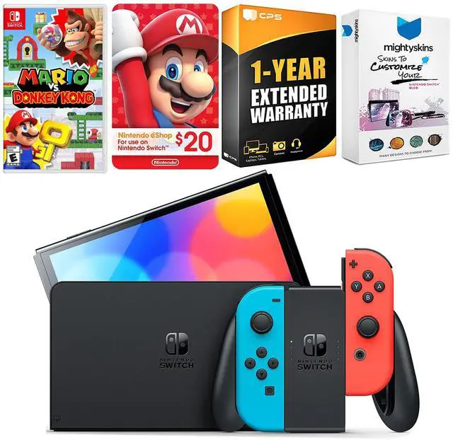 Main image of Nintendo Switch Neon Red & Blue OLED Console with Mario vs. Donkey Kong, Nintendo $20 eShop Gift Card, MightySkins Console and Controller Skin Voucher and 1 Year CPS Extended Warranty