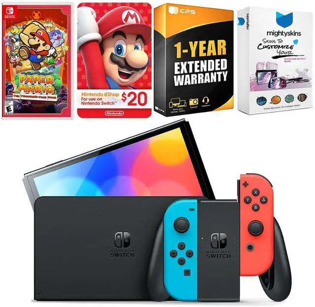 Main image of Nintendo Switch Neon Red & Blue OLED Console with Paper Mario: the Thousand Year Door, Nintendo $20 eShop Gift Card, MightySkins Console and Controller Skin Voucher and 1 Year CPS Extended Warranty