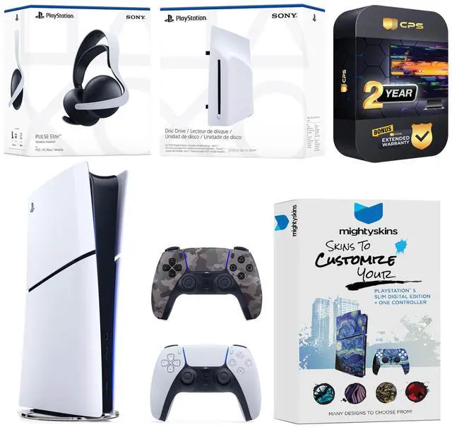 Main image of Sony PlayStation 5 Slim Digital Bundle with Disc Drive, Extra Controller, Pulse Elite Headset, MightySkins Voucher and 2 Year Extended Warranty - Gray Camo