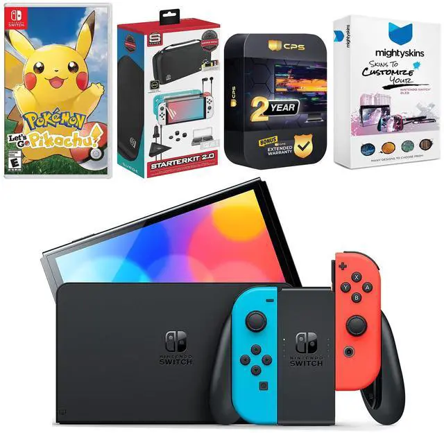 Main image of Nintendo Switch Neon Red & Blue OLED Console with Pokemon Let's Go, Pikachu! Edition, Surge Accessory Gaming Kit, MightySkins Console and Controller Skin Voucher, and 2 Year CPS Extended Warranty