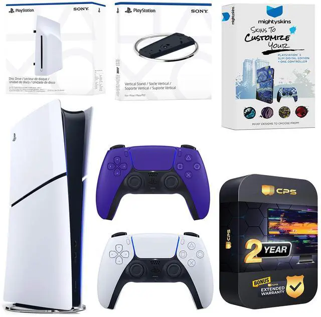 Main image of Sony PlayStation 5 Slim Digital Bundle with Disc Drive, Extra Controller, Vertical Stand, MightySkins Voucher and 2 Year Extended Warranty - Galactic Purple
