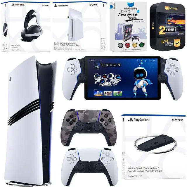 Main image of Sony PlayStation 5 Pro Digital Bundle with Disc Drive, Stand, Extra Controller, Pulse Elite Headset, PlayStation Portal, MightySkins Voucher and 2 Year Extended Warranty - Gray Camo