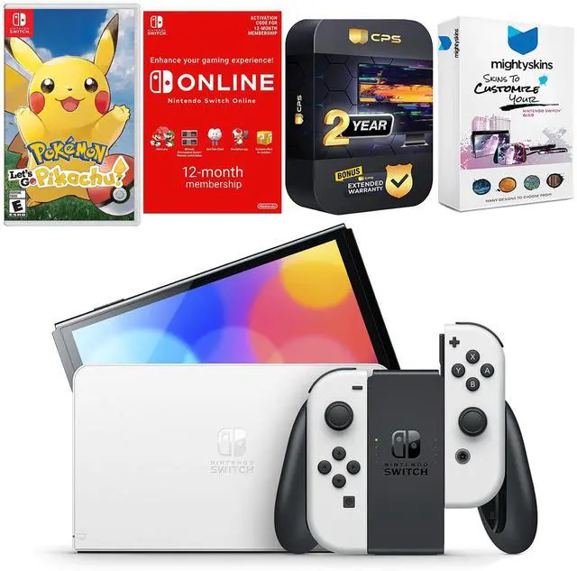 Main image of Nintendo Switch White OLED Console with Pokemon Let's Go, Pikachu!, NSO 12 Month Family Membership, MightySkins Console and Controller Skin Voucher, and 2 Year CPS Extended Warranty