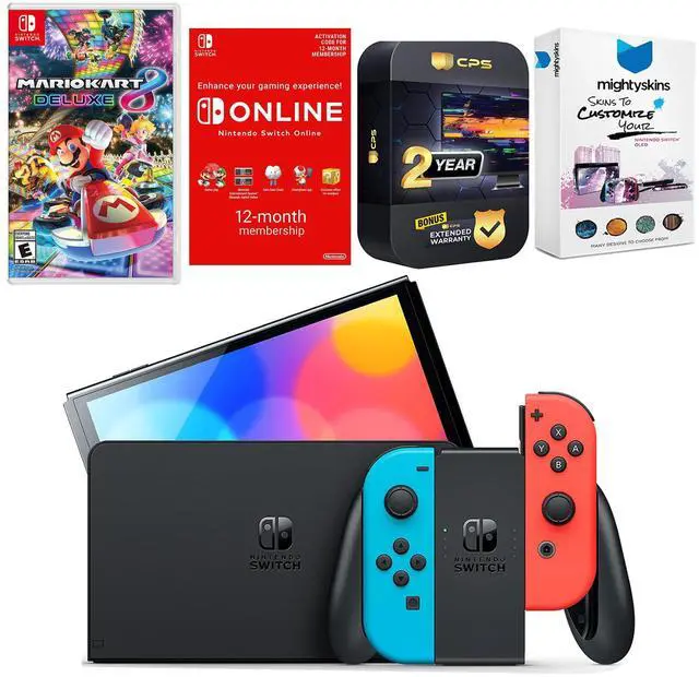 Main image of Nintendo Switch Neon Red & Blue OLED Console with Mario Kart 8 Deluxe, NSO 12 Month Family Membership, MightySkins Console and Controller Skin Voucher and 2 Year CPS Extended Warranty