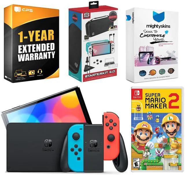 Main image of Nintendo Switch Neon Red & Blue OLED Console with Mario Maker 2, Surge Accessory Gaming Kit, MightySkins Console and Controller Skin Voucher, and 1 Year CPS Extended Warranty