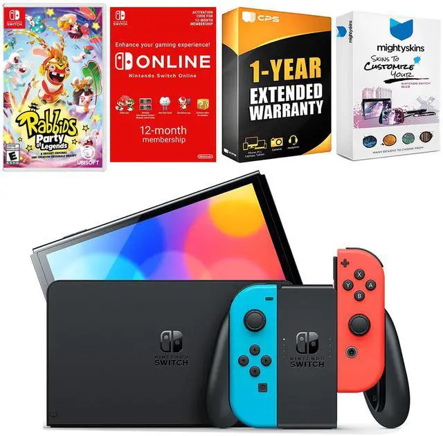 Main image of Nintendo Switch Neon Red & Blue OLED Console with Rabbids: Party of Legends, NSO 12 Month Family Membership, MightySkins Console and Controller Skin Voucher and 1 Year CPS Extended Warranty