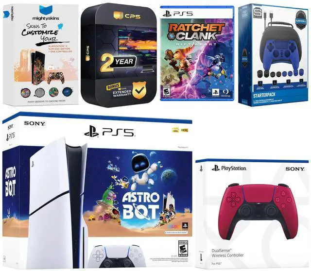 Main image of Sony PlayStation 5 Slim Disc Astro Bot, Rachet and Clank Bundle with Extra Cosmic Red Controller, Pro Gamer Starter Kit, MightySkins Code and 2 Year Extended Warranty